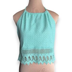 LULUMARI teal crochet lace halter top size M